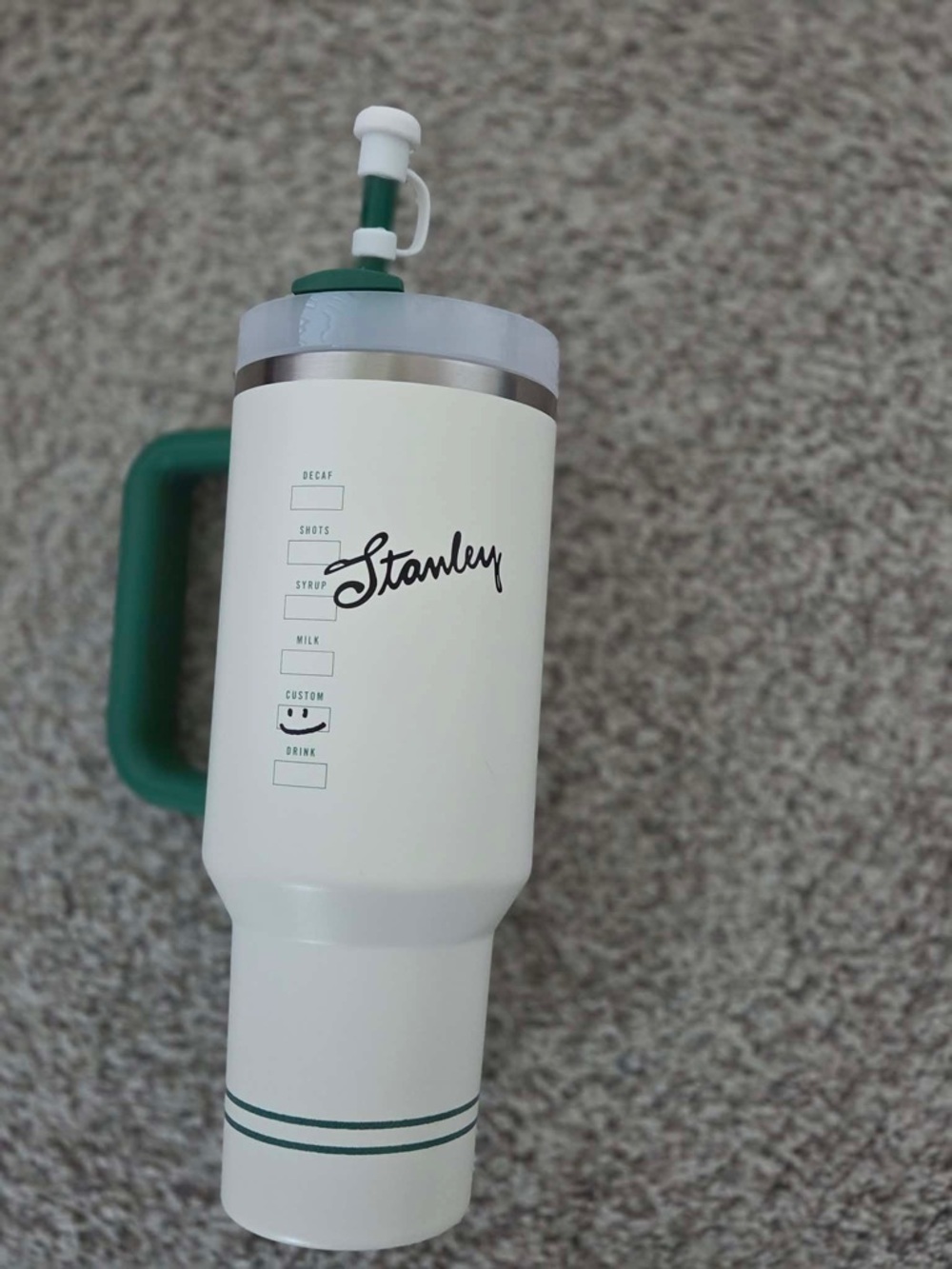 Stanley White Travel Tumbler with Green Handle